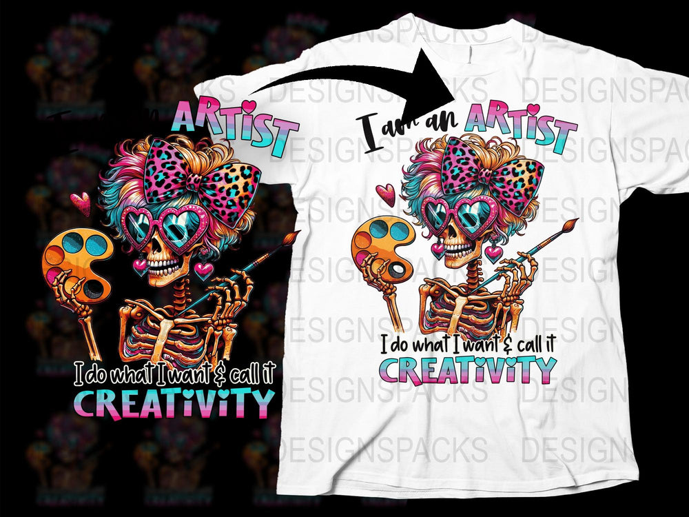 Artist Skeleton T-Shirt, Colorful Creative Skull Design, Heart Eyes, Paint Palette, Unique Artistic Tee