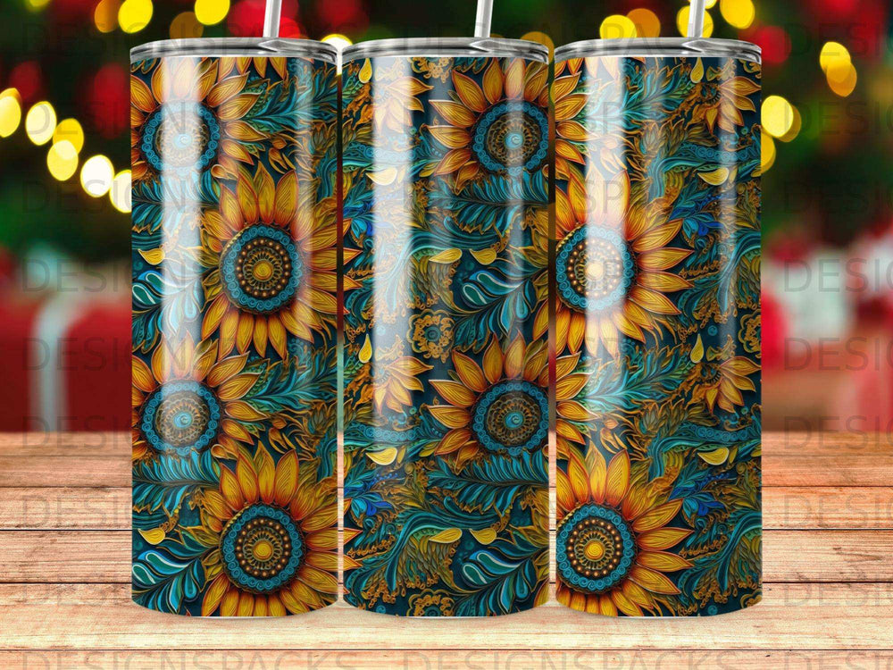 Sunflower floral pattern on a blue background, repeated three times.