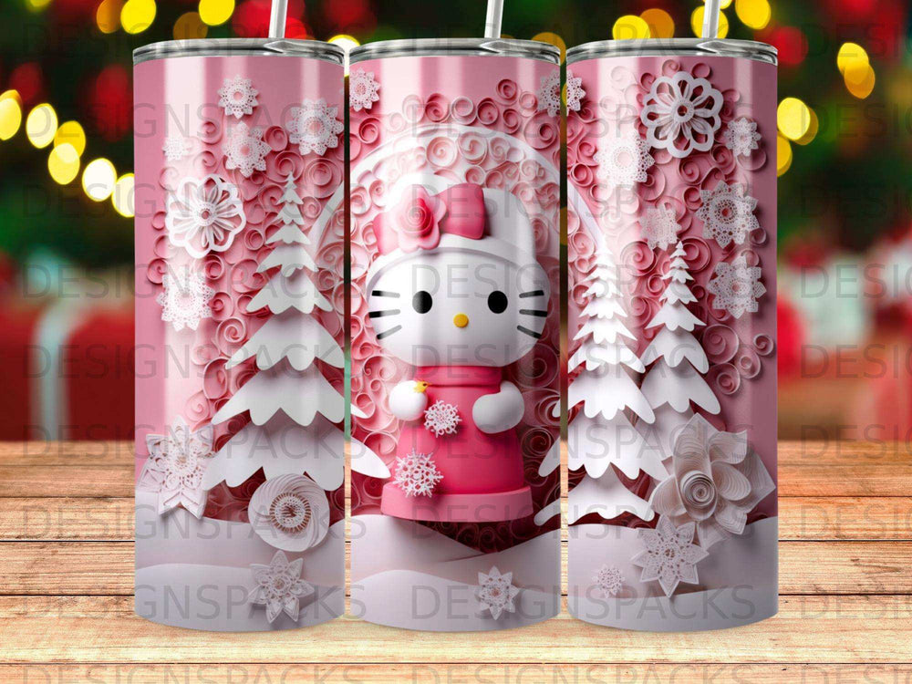 Pink tumbler with Hello Kitty, Christmas trees, and snowflakes.