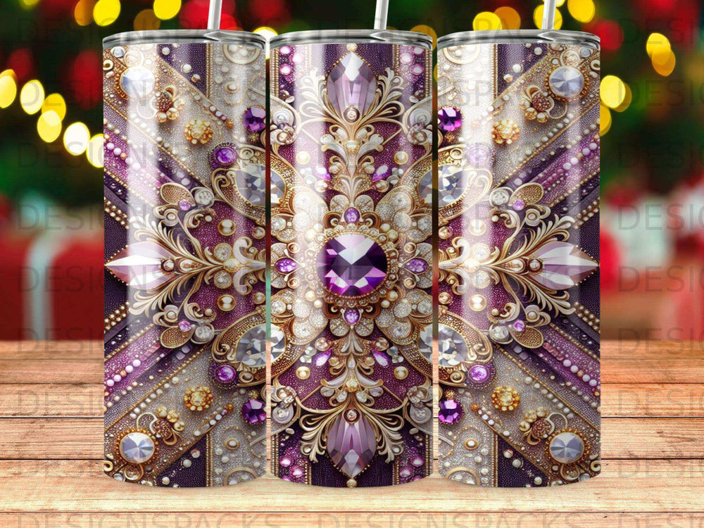 Purple and gold ornate patterned tumblers with jewels.