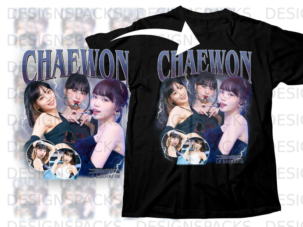 Black t-shirt featuring a collage of K-pop group LE SSERAFIM and the name CHAEWON.