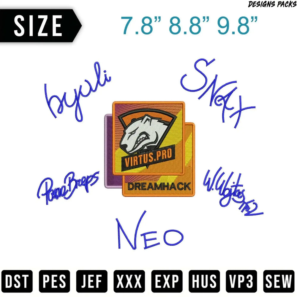 Embroidery designs for Virtus.pro players byali, Neo, Snax, and PMA.