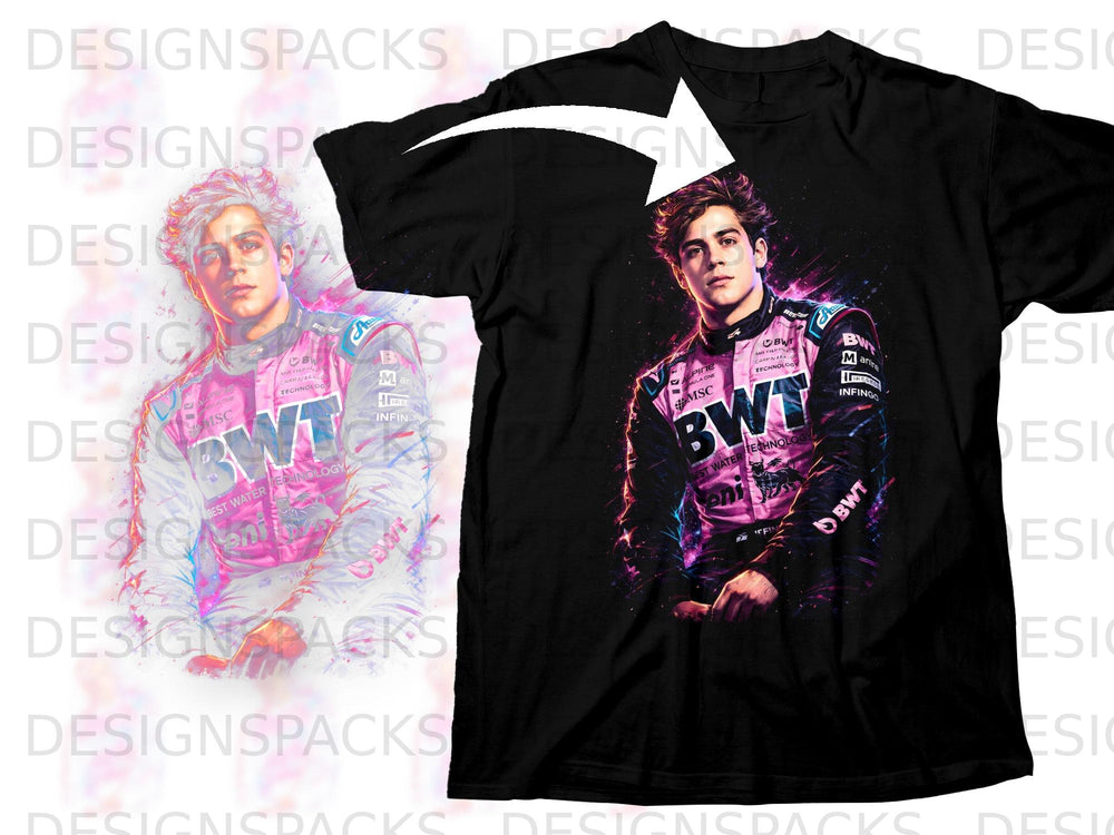 Black t-shirt with artwork of a male driver in a pink racing suit.