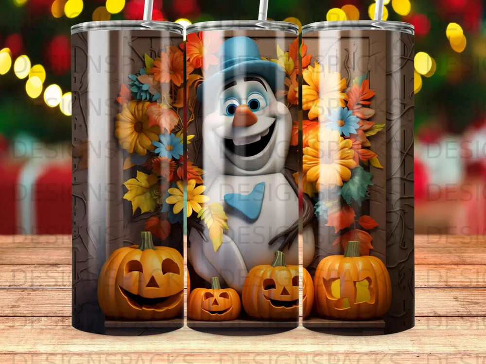 Olaf the snowman with pumpkins and fall flowers on a tumbler.