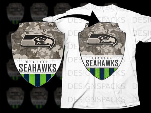 Seattle Seahawks logo on camouflage shield with green and blue stripes.