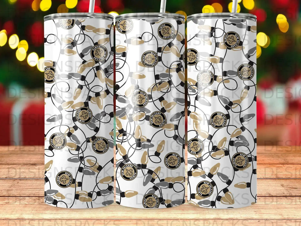 White tumbler with New Orleans Saints logo and Christmas lights pattern.