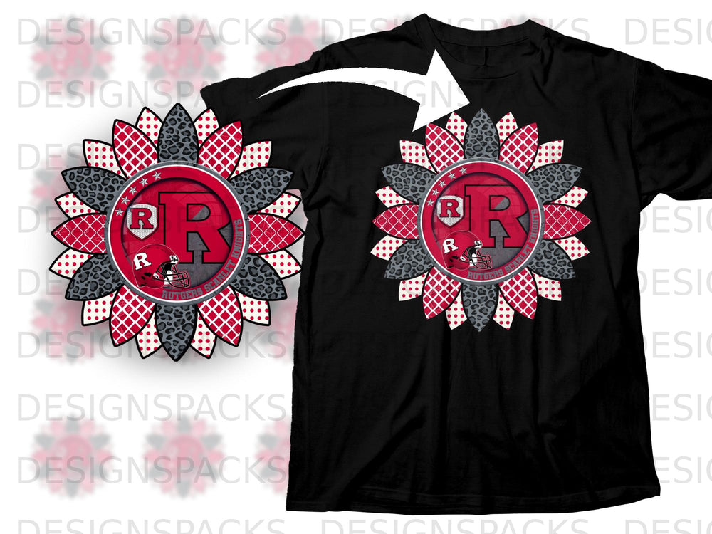 Black t-shirt with Rutgers Scarlet Knights themed sunflower graphic.
