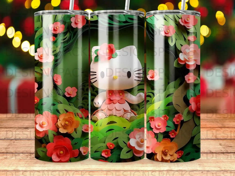 Hello Kitty character in a forest of paper flowers and leaves.