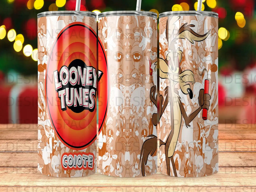 Looney Tunes characters and "COIOTE" text on a brown tumbler.