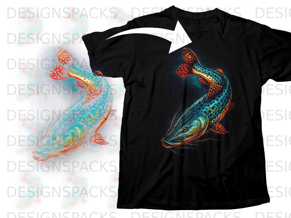 Black t-shirt with a colorful fish graphic, demonstrating design placement.