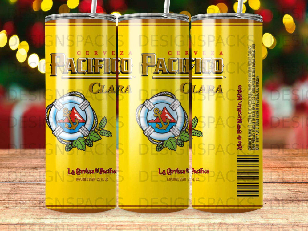 Pacífico Clara beer can with logo and government warning text.