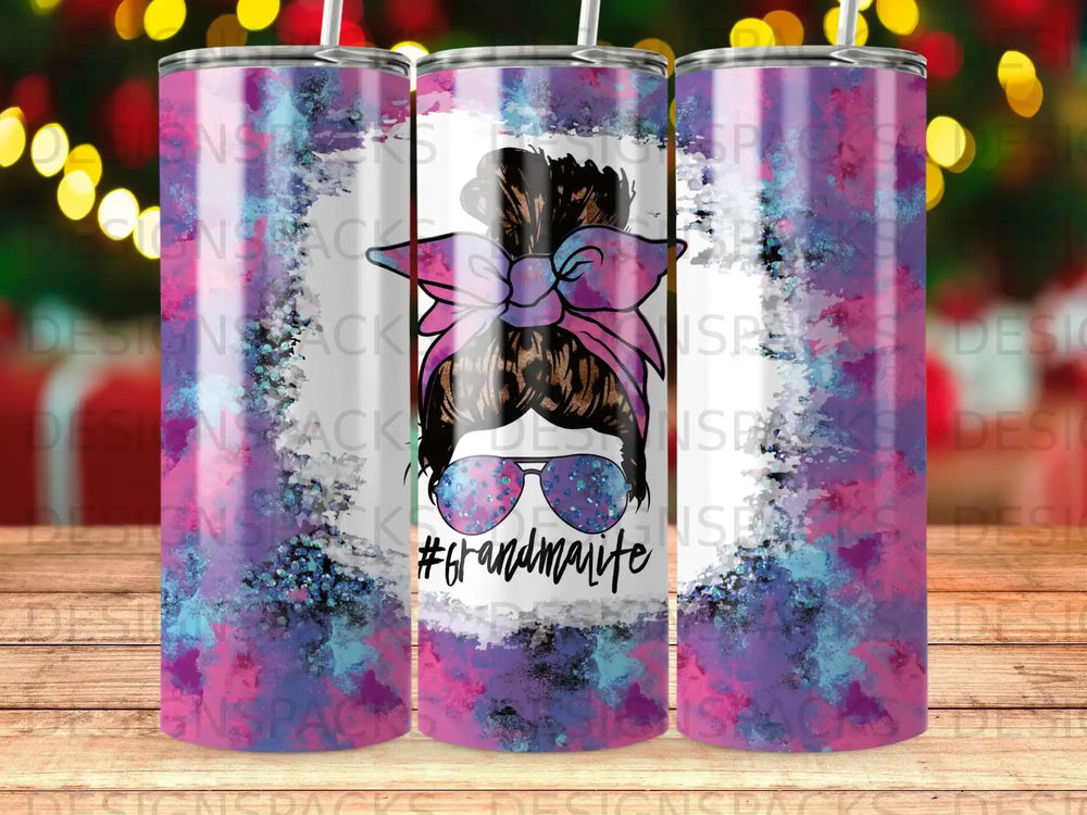 Tumbler with messy bun, sunglasses, and #GrandmaLife text.