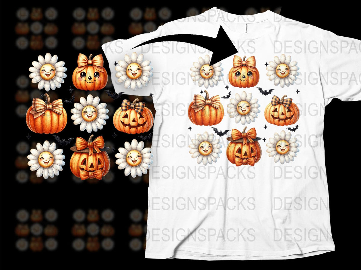 Halloween Pumpkin T-Shirt, Cute Autumn Pumpkin and Daisy Graphic Tee, Fall Season Casual Wear for All Ages