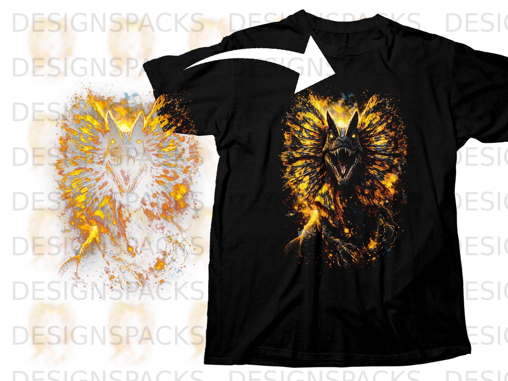 Black t-shirt with a fiery dinosaur design, featuring glowing eyes and a frill.