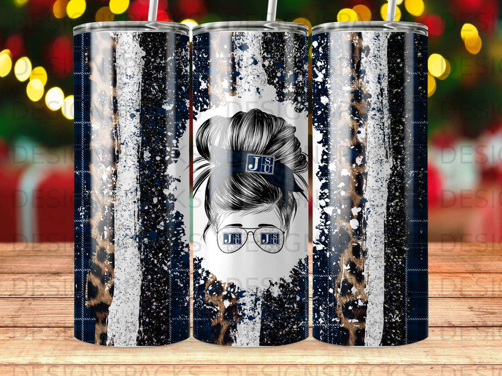 Tumbler with dark blue and white stripes, leopard print, and messy bun graphic.
