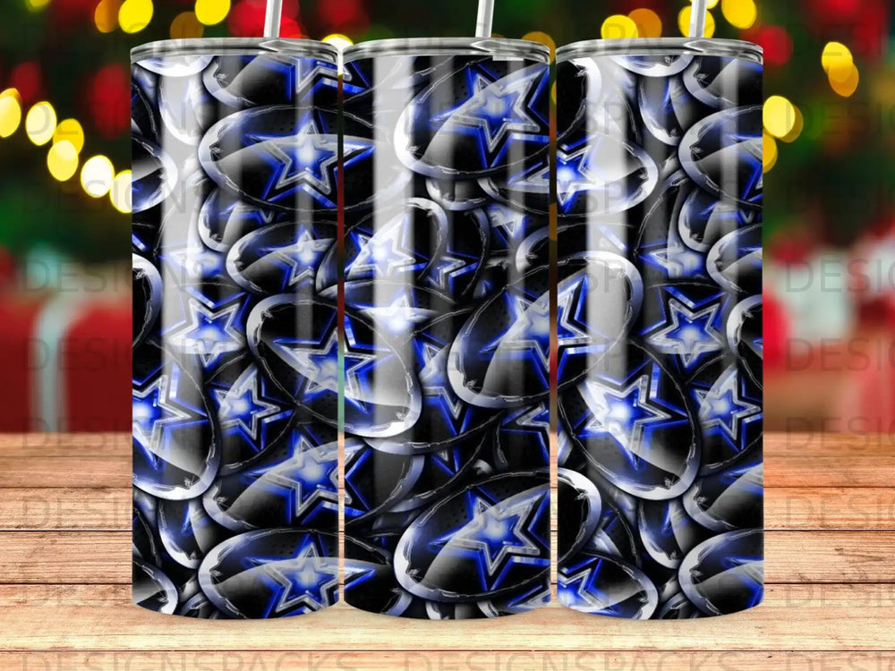 Dallas Cowboys stars pattern on a tumbler with blurred festive lights background.