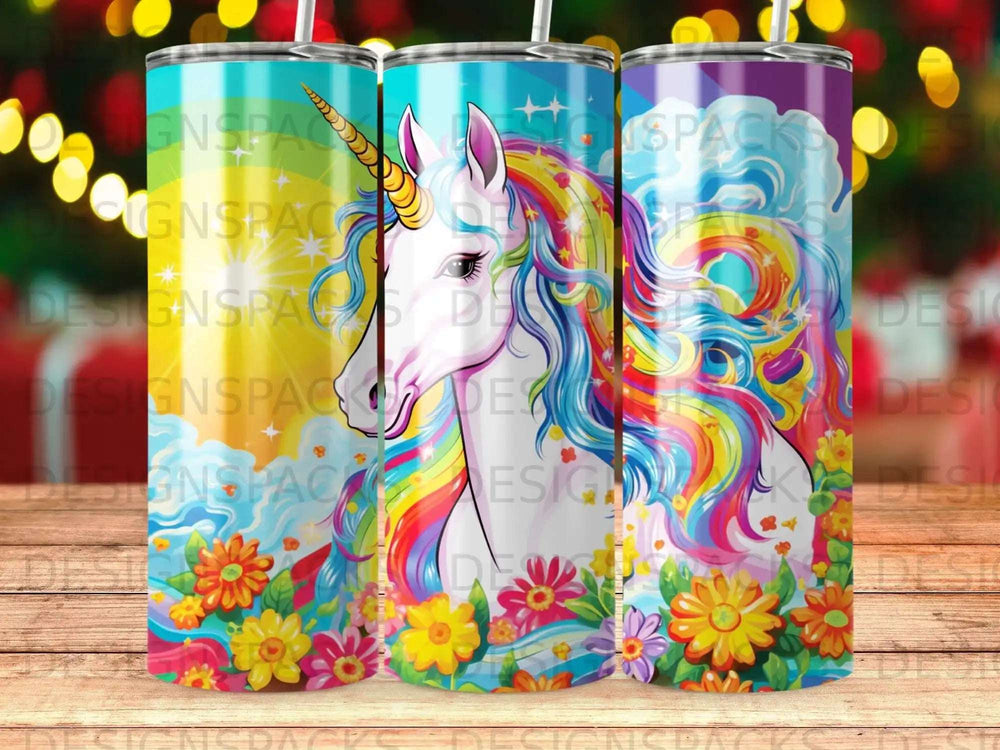 Unicorn with rainbow mane and floral border on tumblers.