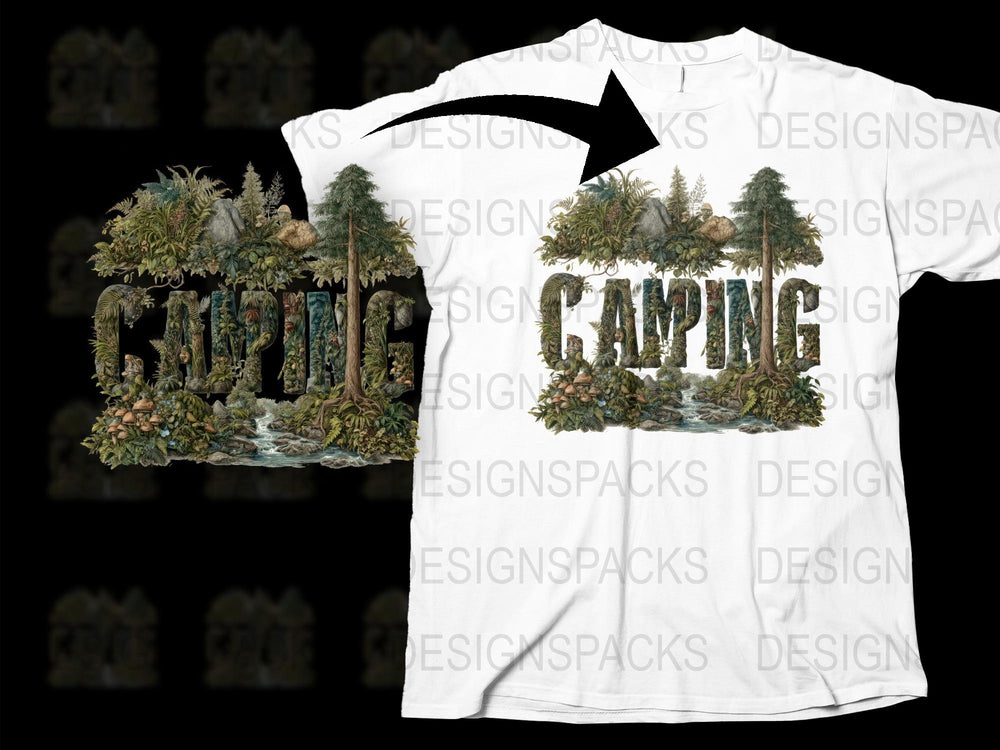 Men's Camping T-Shirt, Forest Landscape Graphic Tee, Outdoor Adventure White Shirt, Nature Lover Gift
