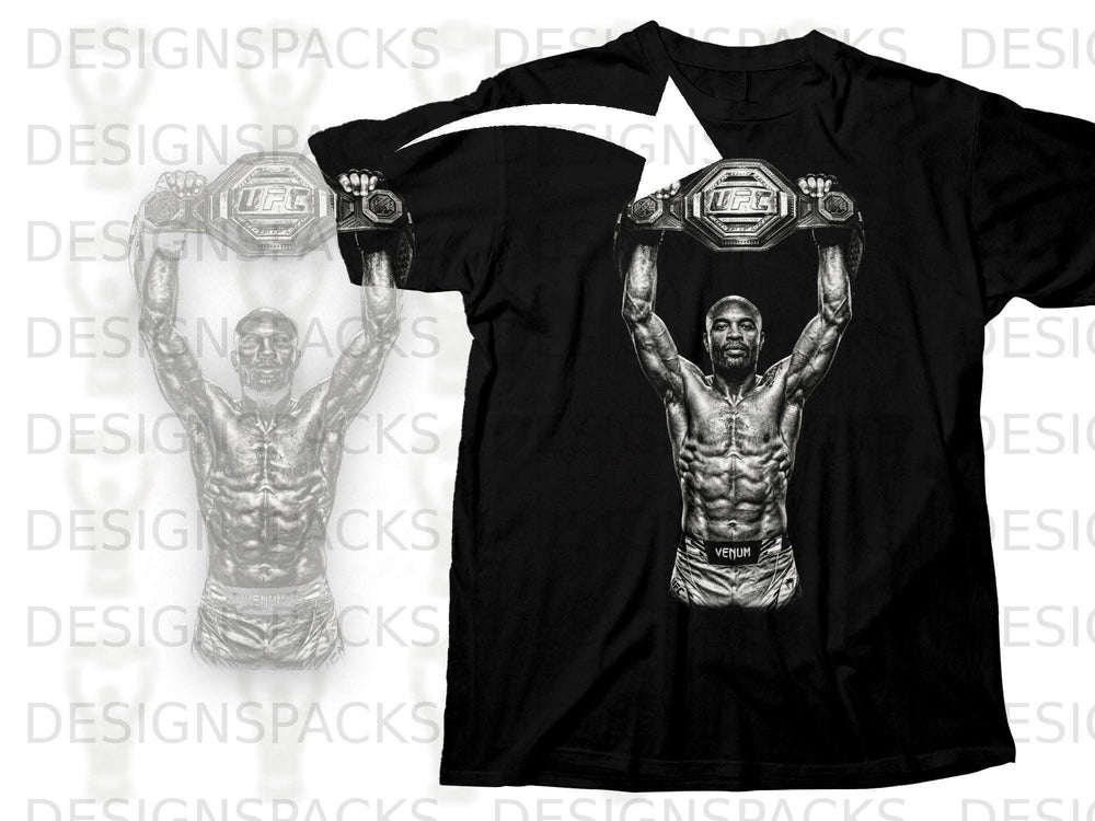 Black t-shirt featuring UFC champion holding championship belt above head.