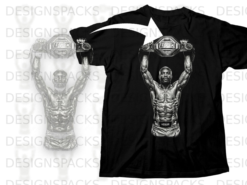 Black t-shirt featuring UFC champion holding championship belt above head.