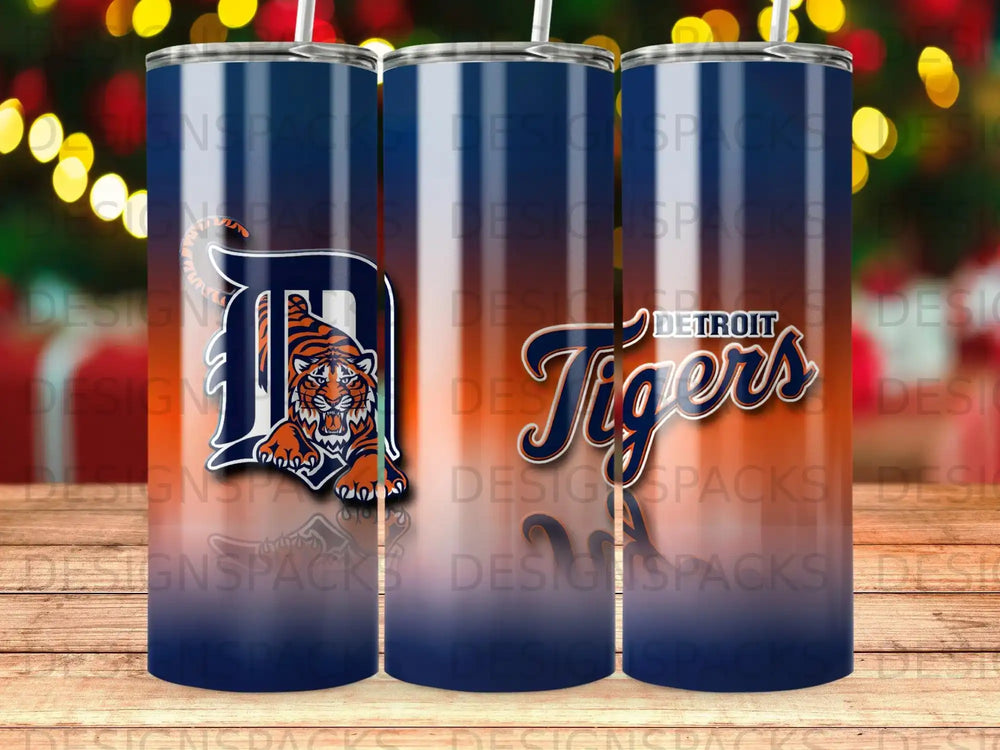 Detroit Tigers logo on a blue gradient tumbler.