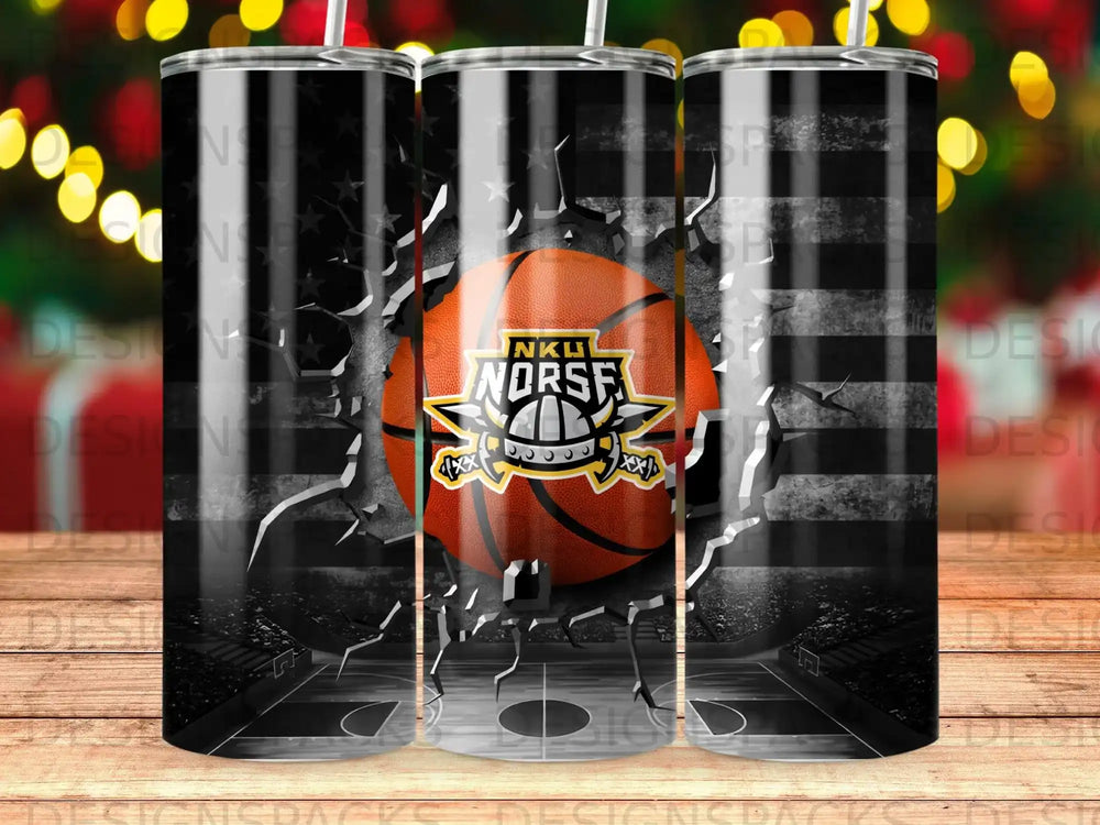 Basketball with Norse logo against cracked US flag and basketball court background.