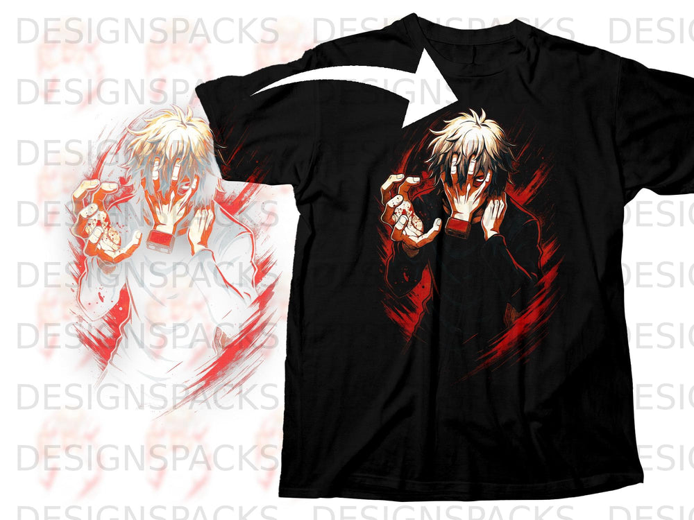 Black t-shirt with anime character design, red accents, white hair.