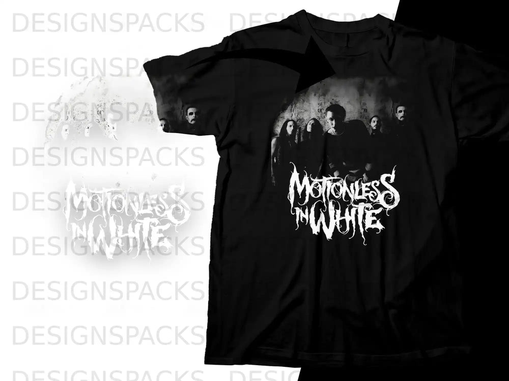Black t-shirt with "Motionless in White" logo and band photo graphic.