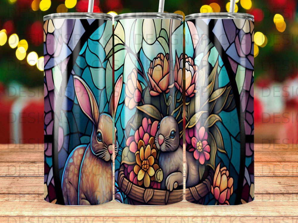 Stained glass design with two bunnies in a basket of flowers.