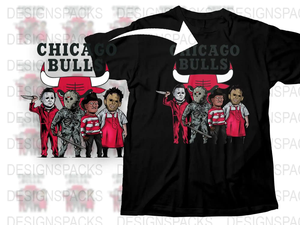 Chicago Bulls Horror Characters T-Shirt, Unique Basketball Fan Gift, Halloween Theme Sports Apparel