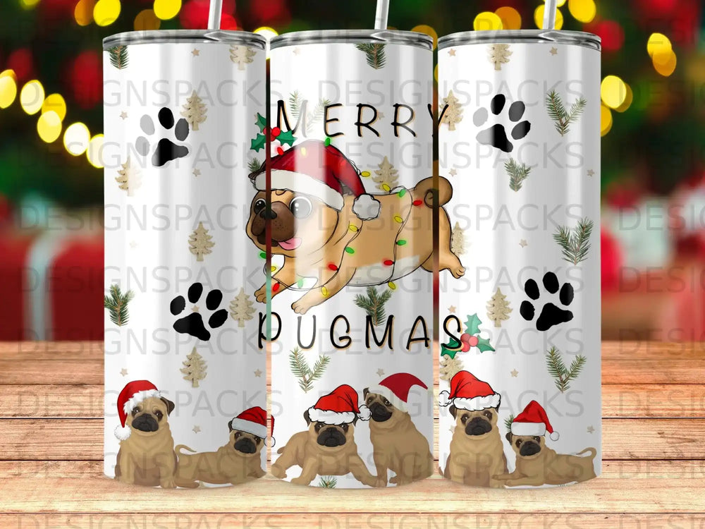 Christmas pug puppies wearing Santa hats with "Merry Pugmas" text.