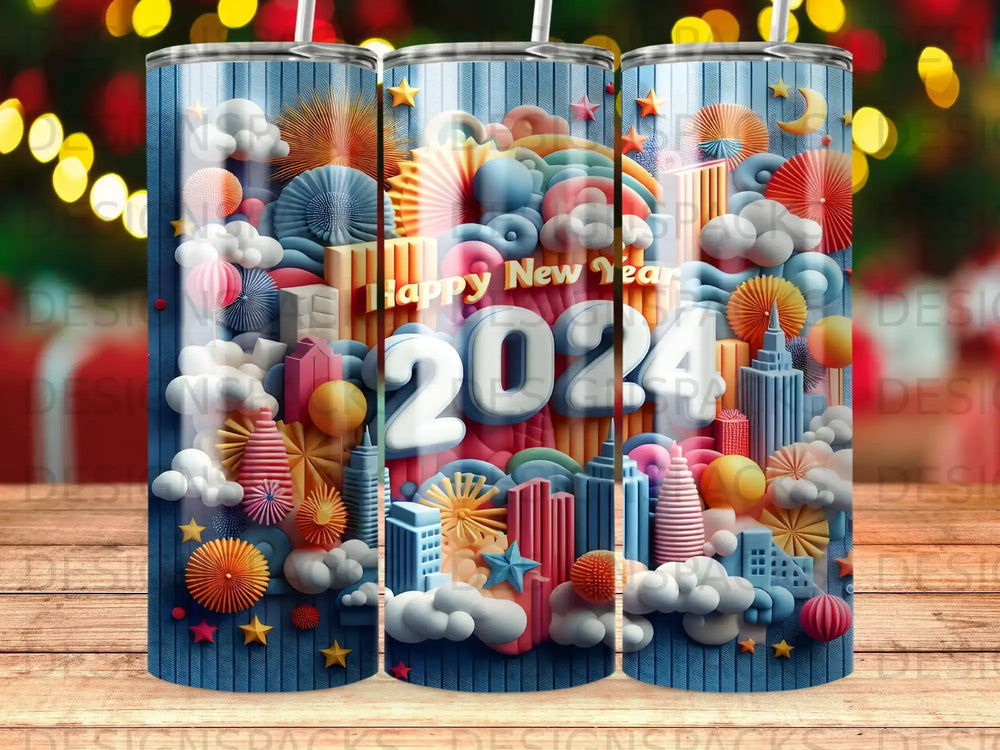 Happy New Year 2024 with colorful cityscape and festive decorations.