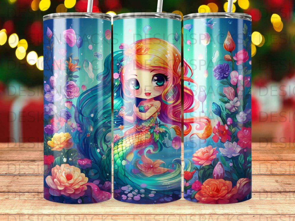 Mermaid with colorful hair and tail surrounded by flowers and bubbles.
