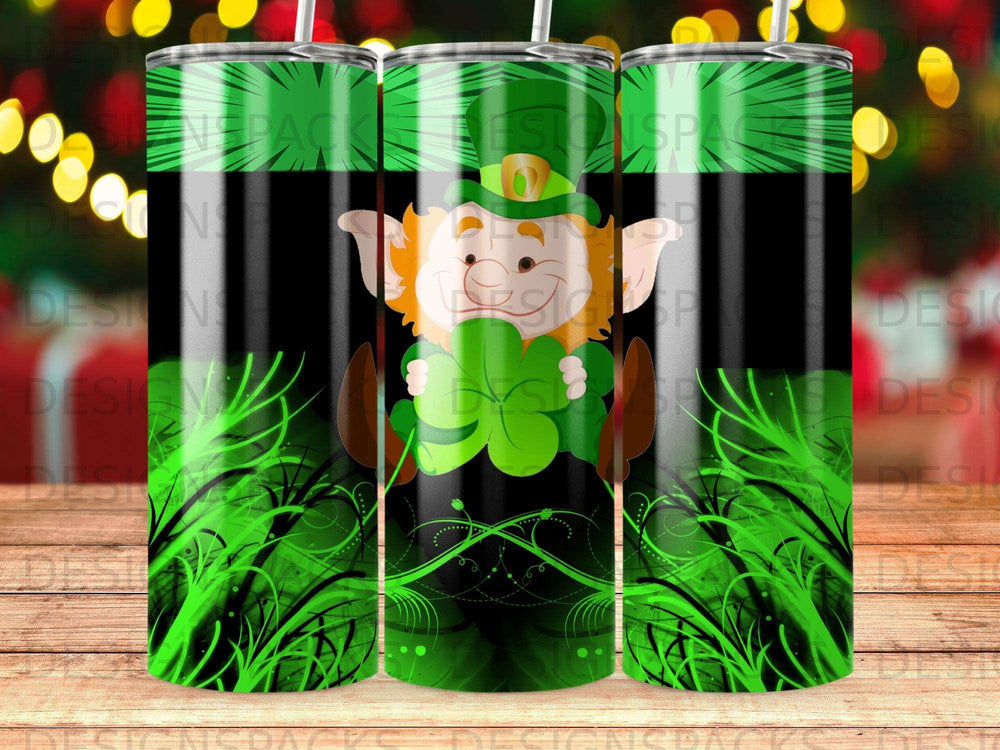 Leprechaun with shamrocks and Celtic knot pattern on a green background.