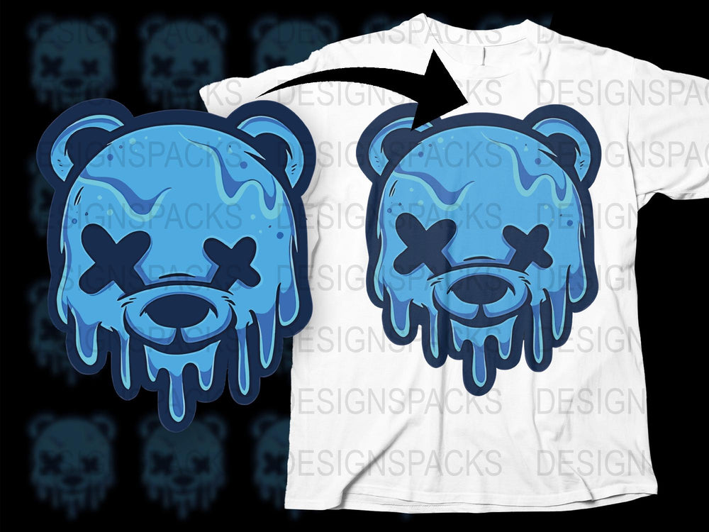 Blue Bear Graphic T-Shirt, Cartoon Bear with Crossed Eyes, Urban Streetwear, Cool Dripping Paint Design Tee for Teens and Adults