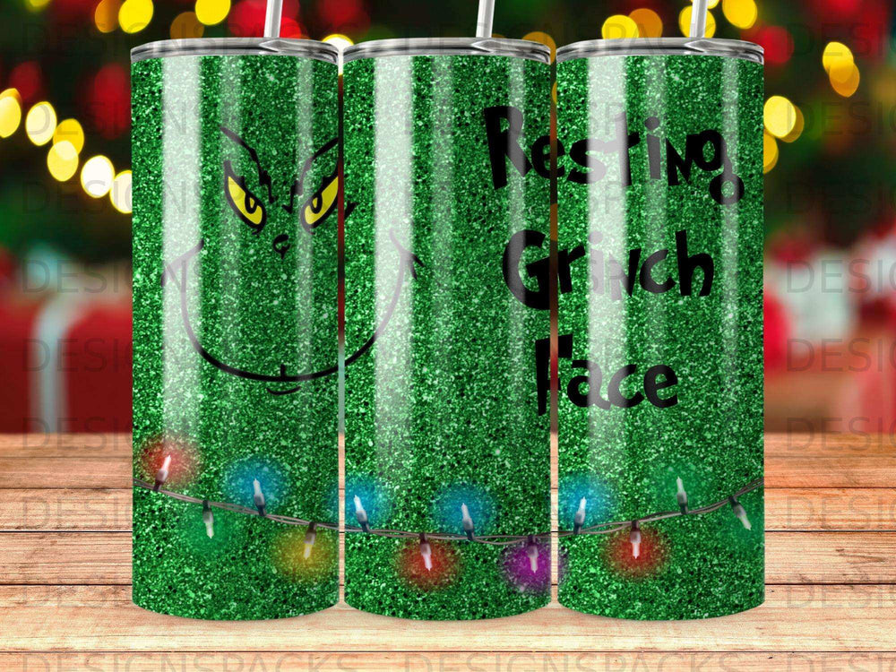 Glittery tumbler with Grinch face and "Resting Grinch Face" text.
