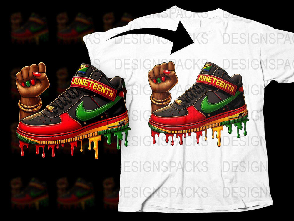 Juneteenth Celebration T-Shirt and Sneakers Set, Dripping Paint Design, African American Pride, Colorful Festive Apparel