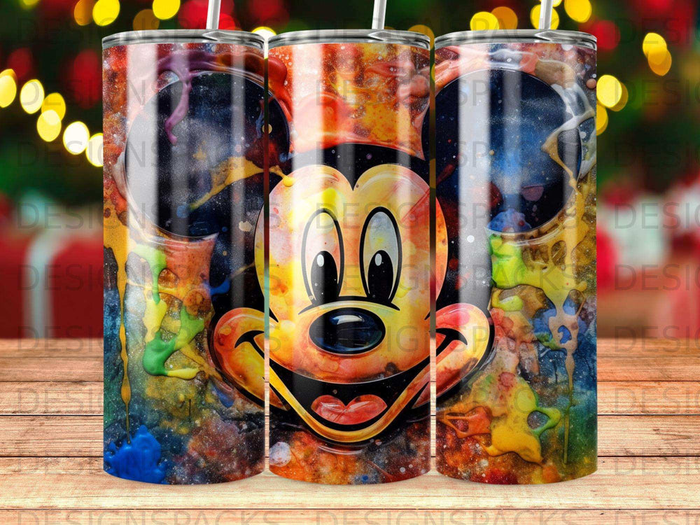 Mickey Mouse face with colorful paint splatter design on tumblers.