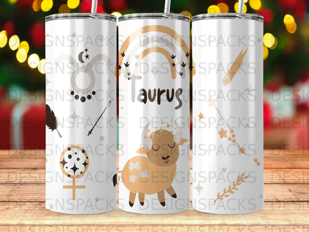 Taurus constellation graphic with rainbow and goat on a tumbler.