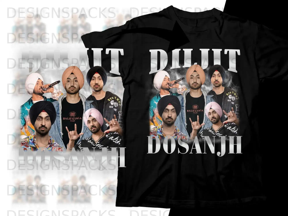 Black t-shirt featuring Diljit Dosanjh with "DILJIT DOSANJH" text.