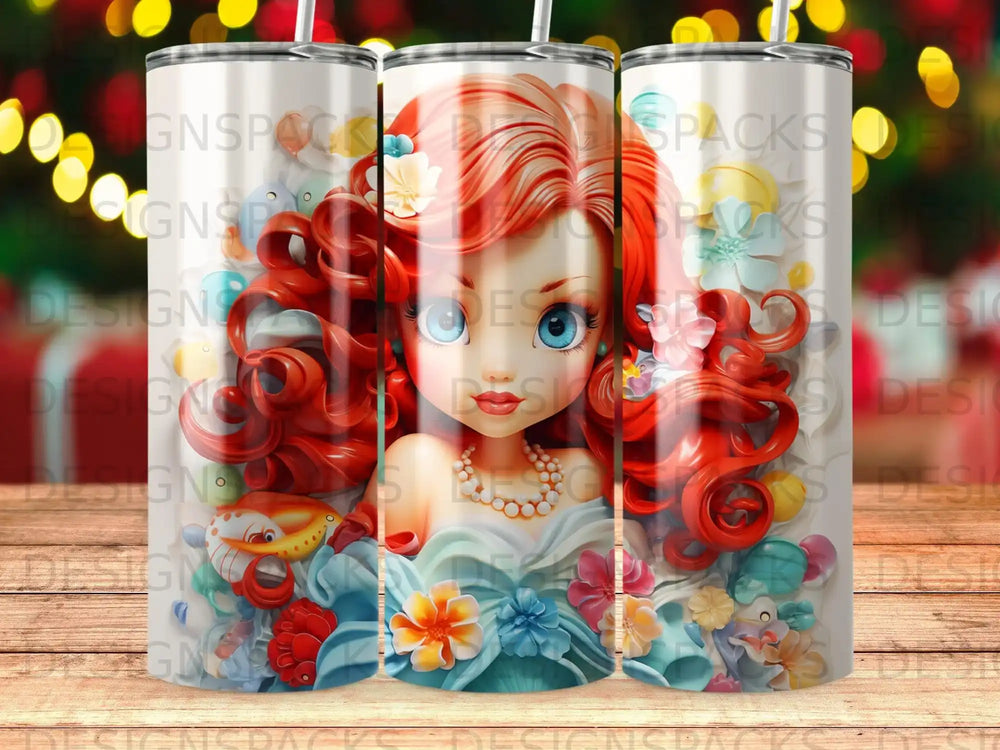 Cartoon mermaid with flowing red hair surrounded by flowers and sea life.