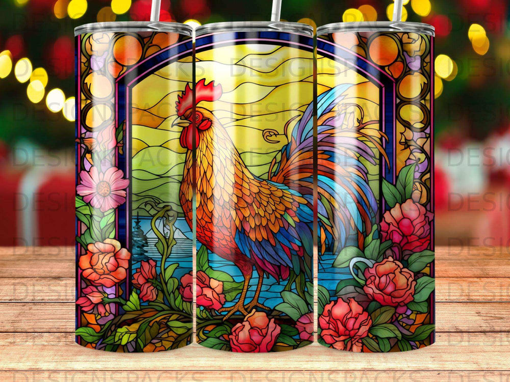 Stained glass rooster with floral accents and a scenic background.