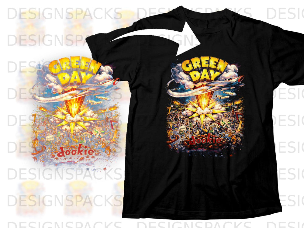 Black t-shirt with Green Day's Dookie album cover artwork featuring an explosion and planes.
