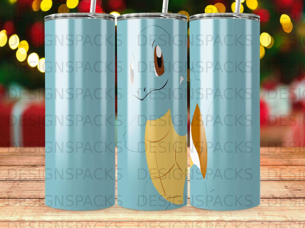 Three blue tumblers with repeating "DESIGNSPACKS" text.