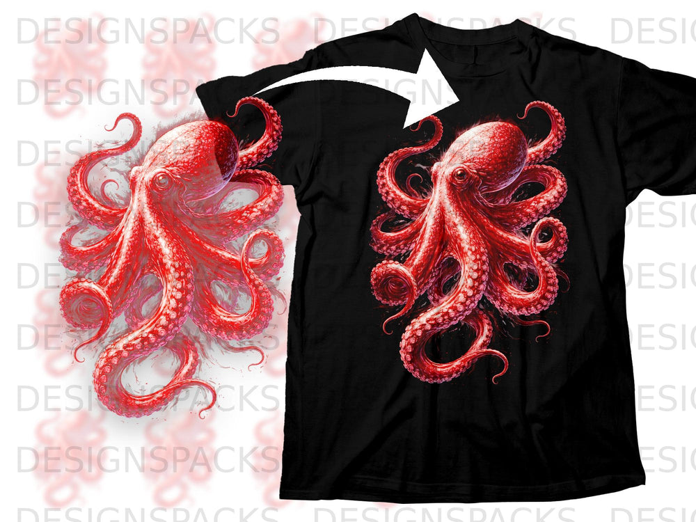 Black t-shirt with a detailed red octopus graphic on the front.