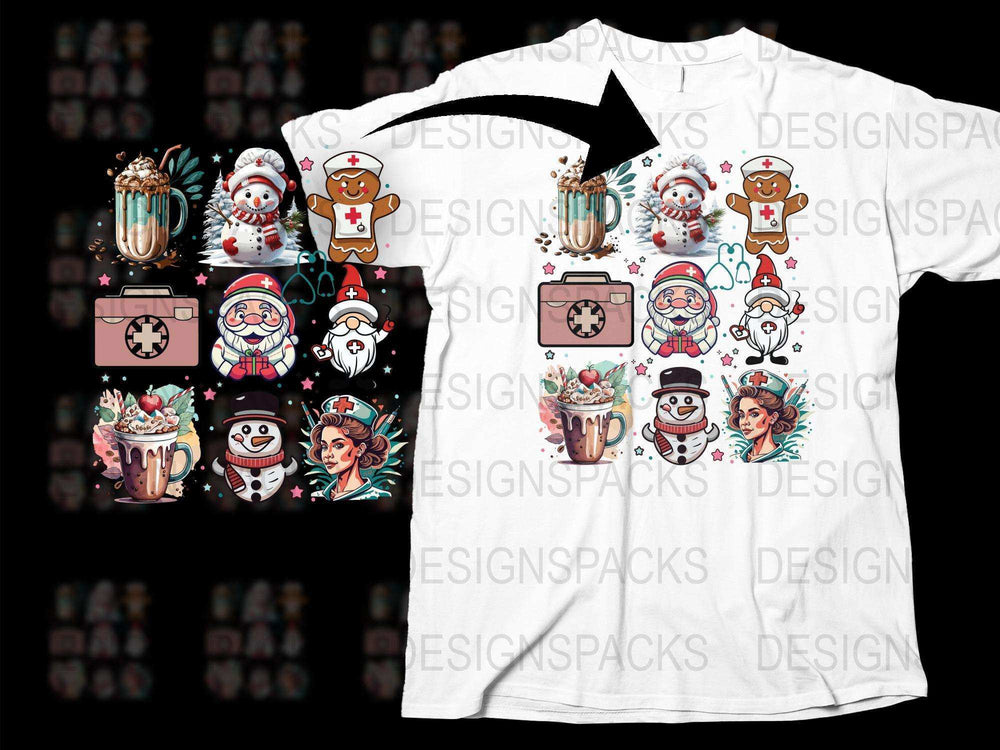 Christmas T-Shirt Whimsical Holiday Graphics Snowmen Gingerbread Hot Cocoa Design