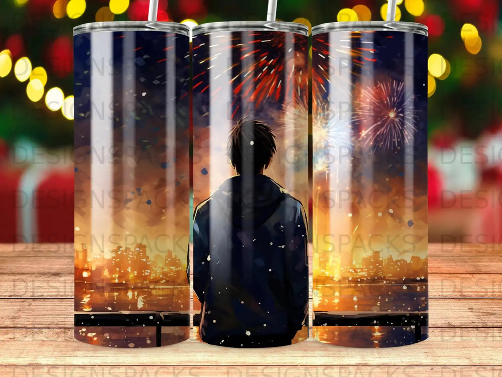 Man watching fireworks over city skyline from a waterfront.