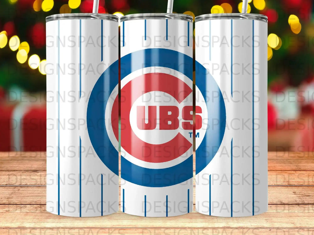 Chicago Cubs logo on a white tumbler with a blue and red striped pattern.