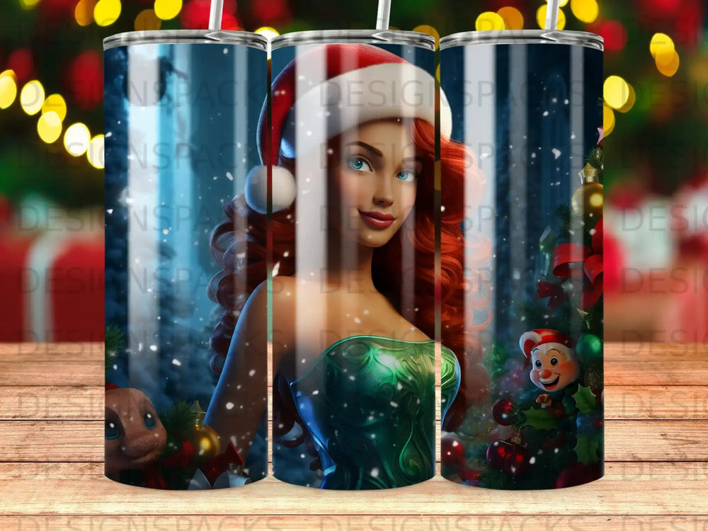 Woman in Santa hat and green dress with Christmas tree and snowman decorations.