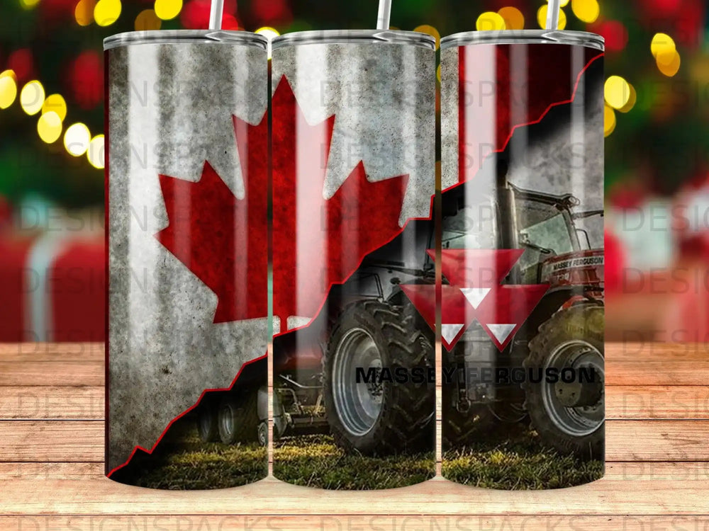 Red Massey Ferguson tractor with Canadian maple leaf overlay.
